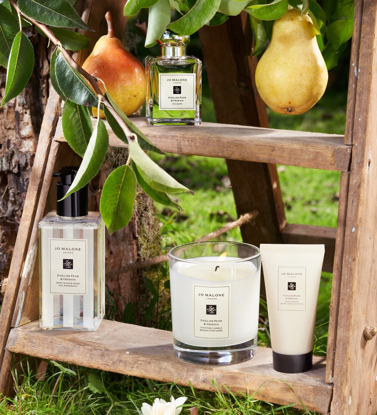 English Pear & Freesia cologne 100ml bottle surrounded by fresh pears and backdrop of large pear props on top of car rack.